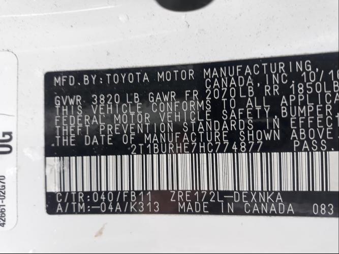 2017 TOYOTA COROLLA L 2T1BURHE7HC774877