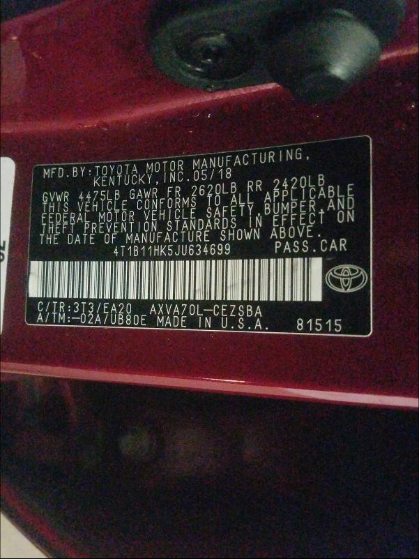 2018 TOYOTA CAMRY L/LE 4T1B11HK5JU634699