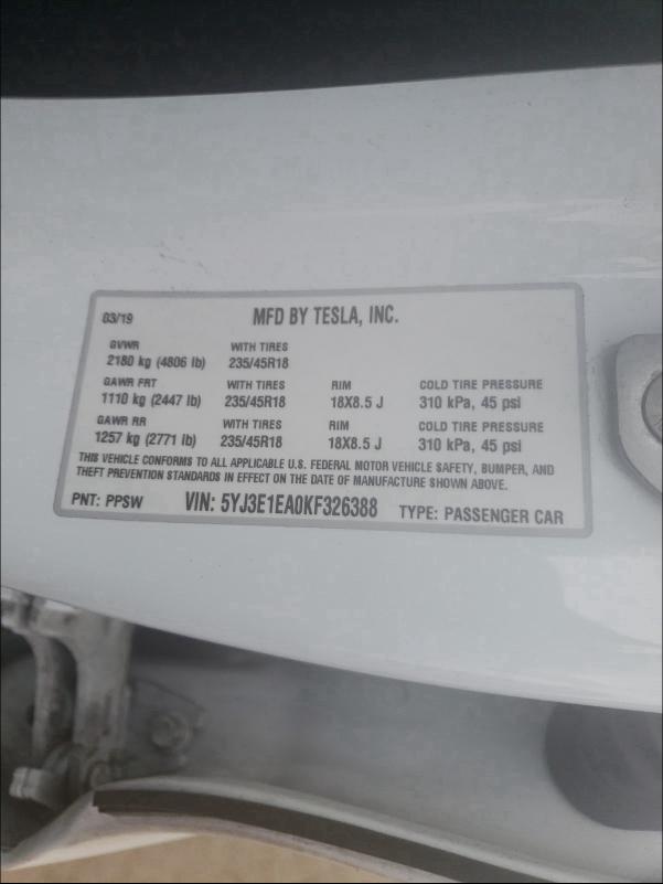 2019 TESLA MODEL 3 - 5YJ3E1EA0KF326388