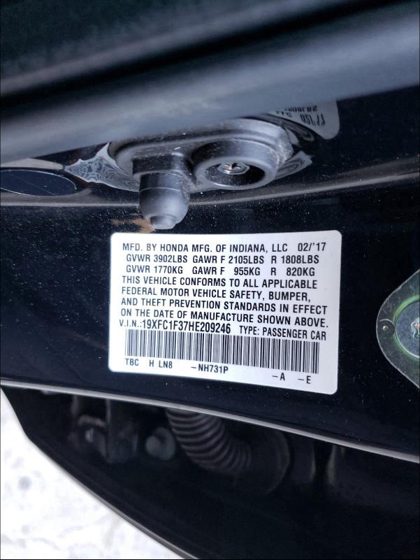 2017 HONDA CIVIC EX 19XFC1F37HE209246