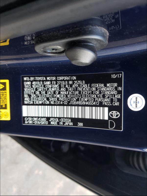 2017 TOYOTA MIRAI JTDBVRBD8HA003412