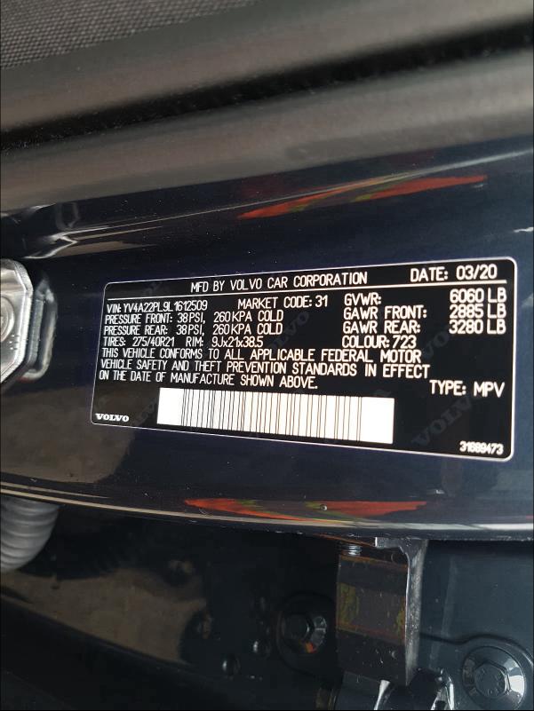 2020 VOLVO XC90 T6 IN YV4A22PL9L1612509