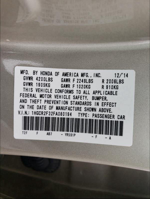 2015 HONDA ACCORD LX 1HGCR2F32FA080194