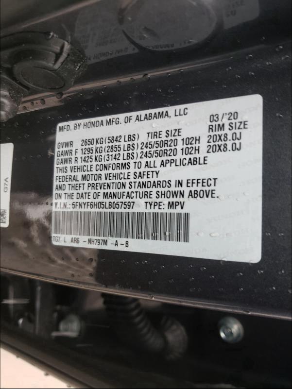 2020 HONDA PILOT ELIT 5FNYF6H05LB057597