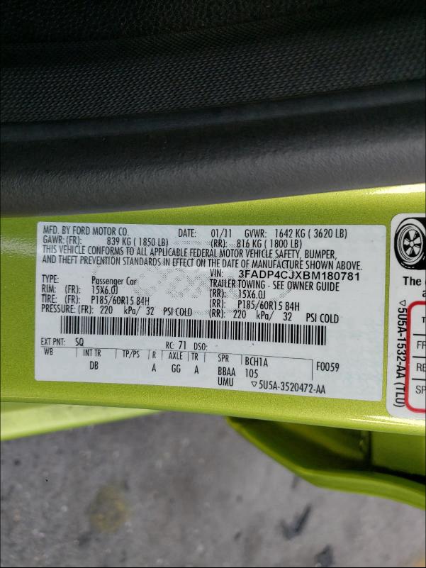 2011 FORD FIESTA 3FADP4CJXBM180781