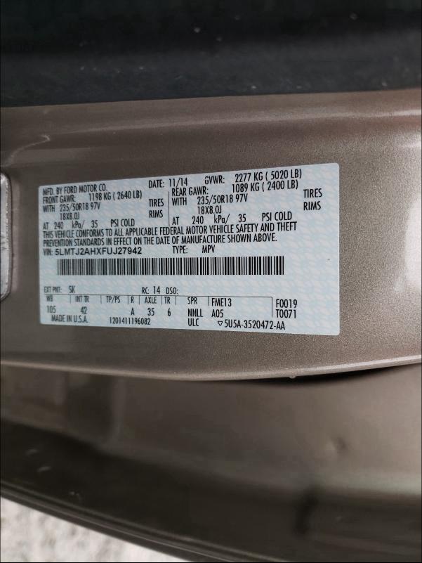 2015 LINCOLN MKC 5LMTJ2AHXFUJ27942