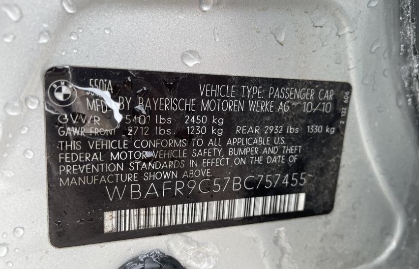 2011 BMW 550 I WBAFR9C57BC757455