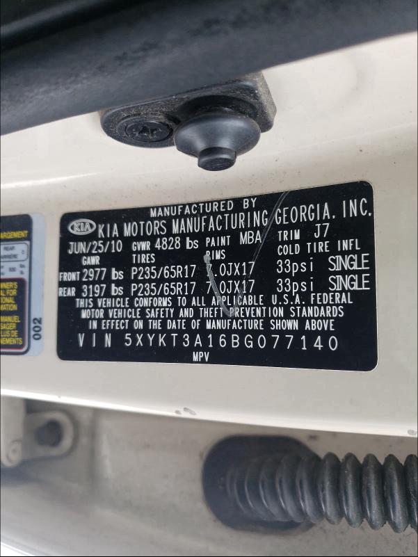 2011 KIA SORENTO BA 5XYKT3A16BG077140