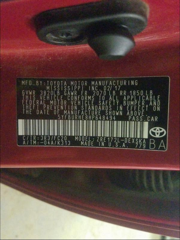 2017 TOYOTA COROLLA L 5YFBURHE8HP648494