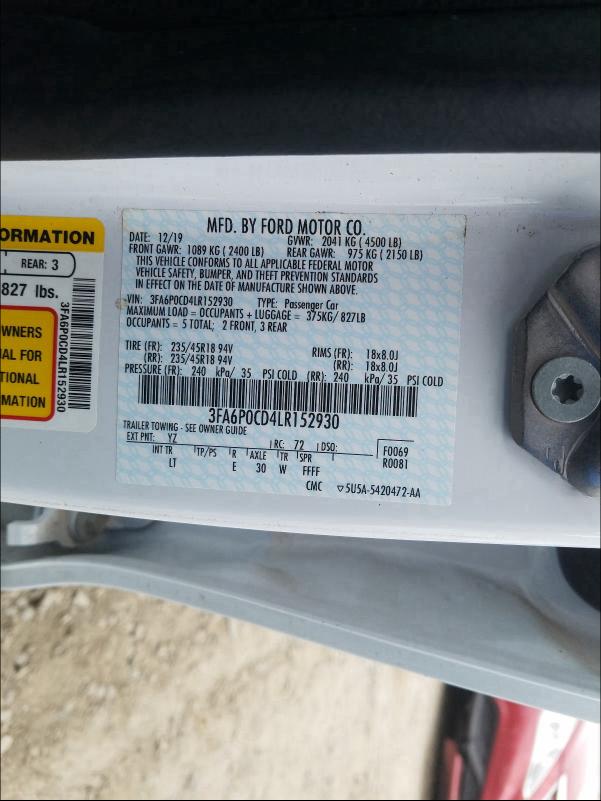 2020 FORD FUSION SEL - 3FA6P0CD4LR152930