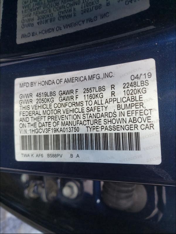 2019 HONDA ACCORD HYB 1HGCV3F19KA013750