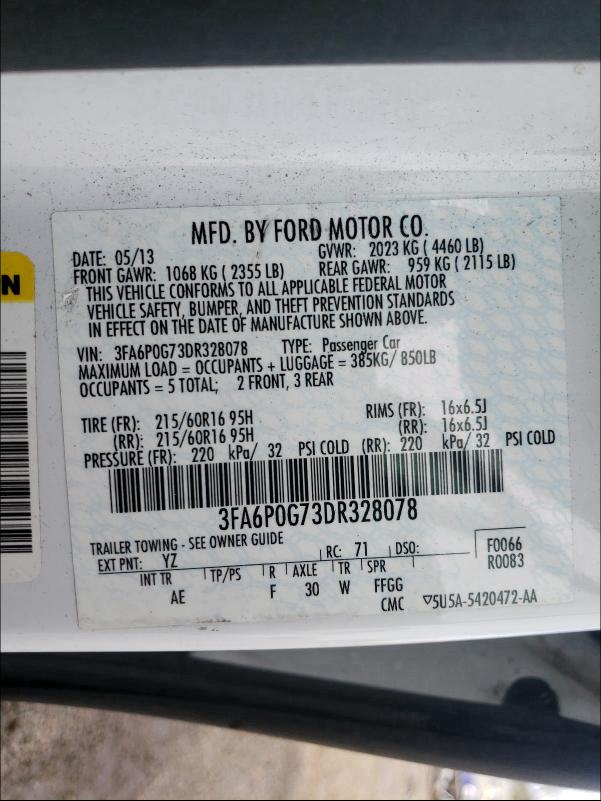 2013 FORD FUSION S 3FA6P0G73DR328078