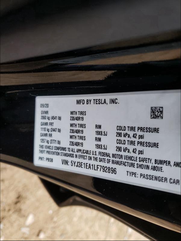 2020 TESLA MODEL 3 5YJ3E1EA1LF792896