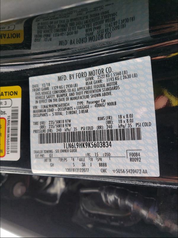 2019 LINCOLN CONTINENTA 1LN6L9HK9K5603834