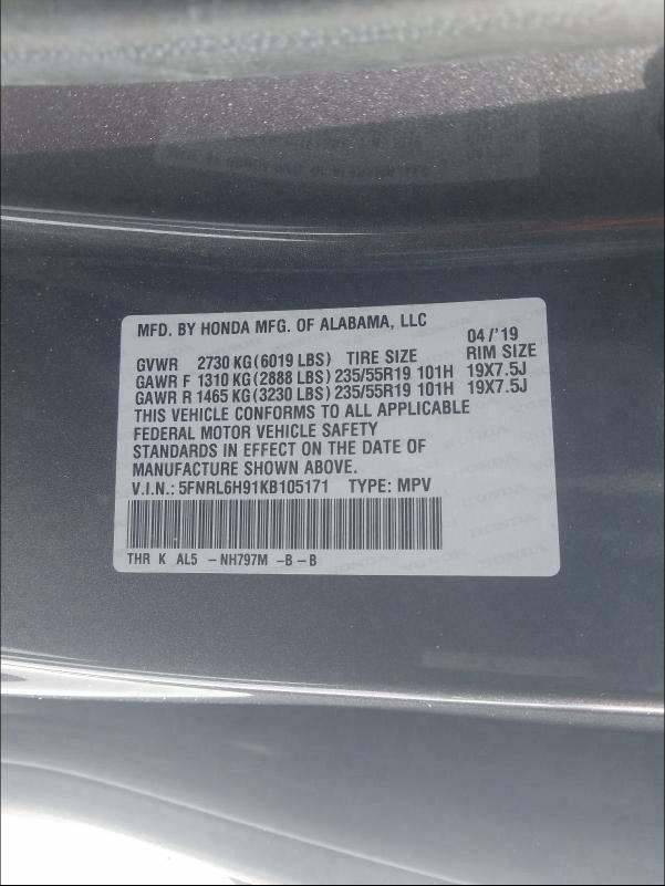 2019 HONDA ODYSSEY EL 5FNRL6H91KB105171