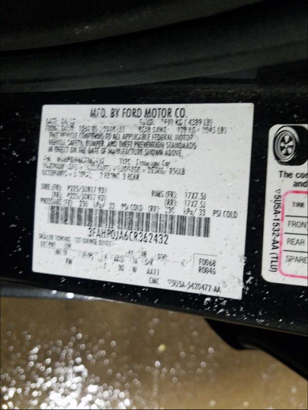 2012 FORD FUSION SEL 3FAHP0JA6CR362432