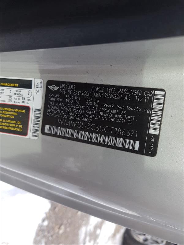 2012 MINI COOPER WMWSU3C50CT186371