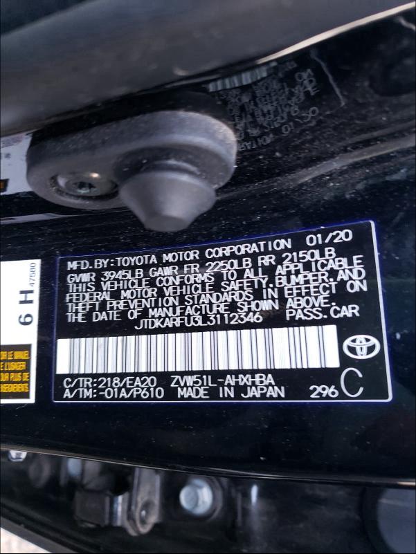 2020 TOYOTA PRIUS L JTDKARFU3L3112346
