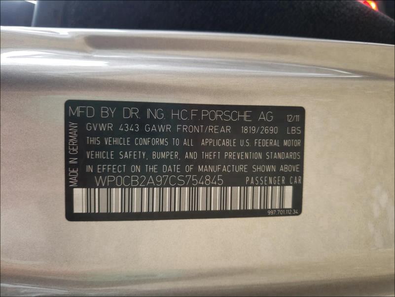 2012 PORSCHE 911 CARRER WP0CB2A97CS754845