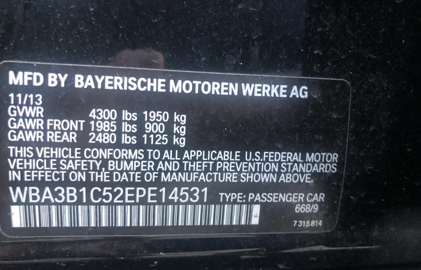 2014 BMW 320 I WBA3B1C52EPE14531