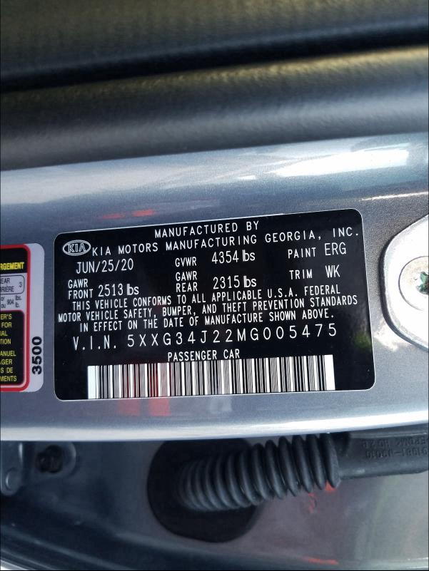 2021 KIA K5 EX 5XXG34J22MG005475