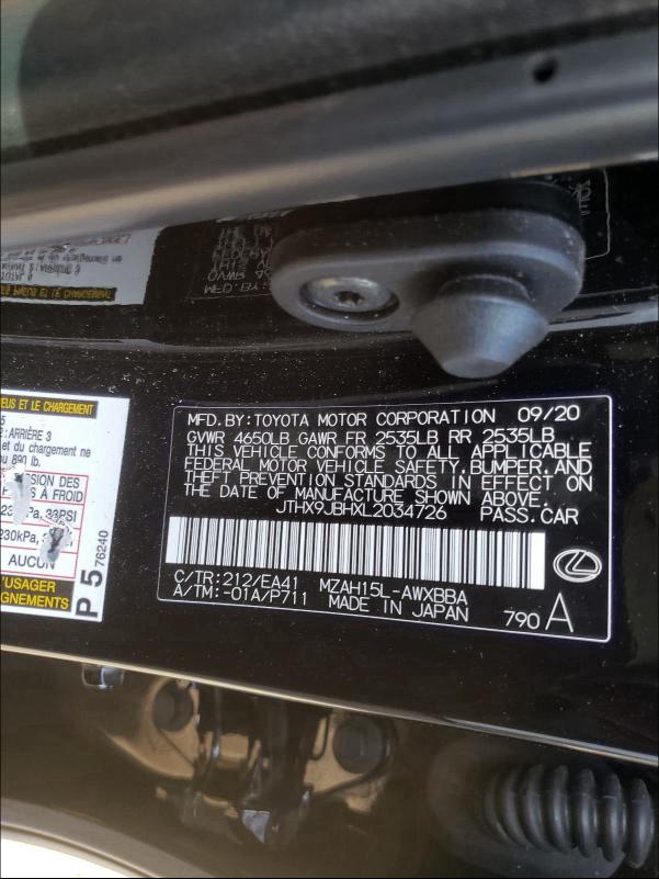 2020 LEXUS UX 250H JTHX9JBHXL2034726