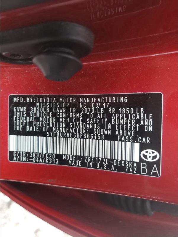 2017 TOYOTA COROLLA L 5YFBURHE6HP666458