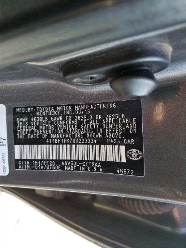 2016 TOYOTA CAMRY LE 4T1BF1FK7GU223334