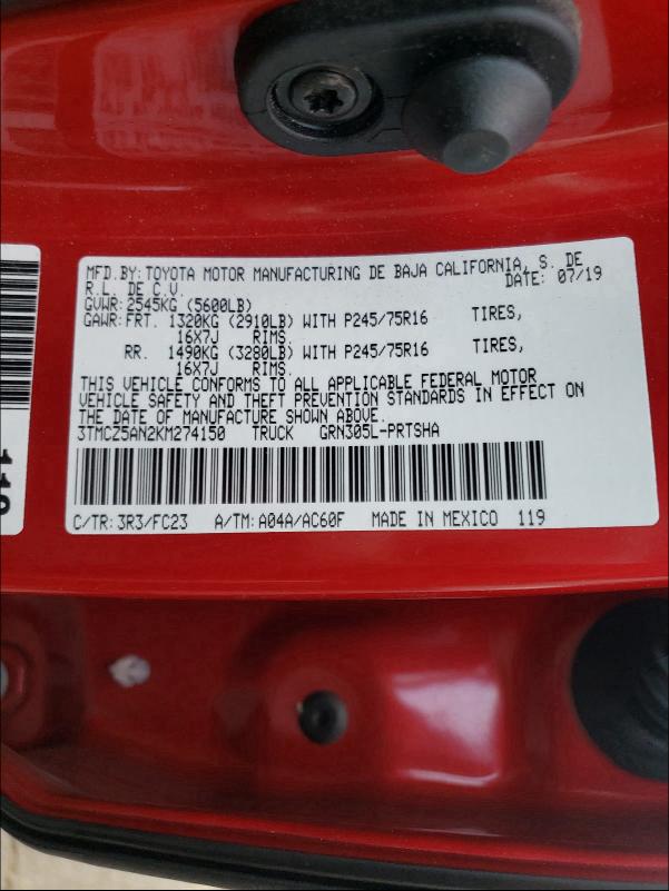 2019 TOYOTA TACOMA DOU - 3TMCZ5AN2KM274150