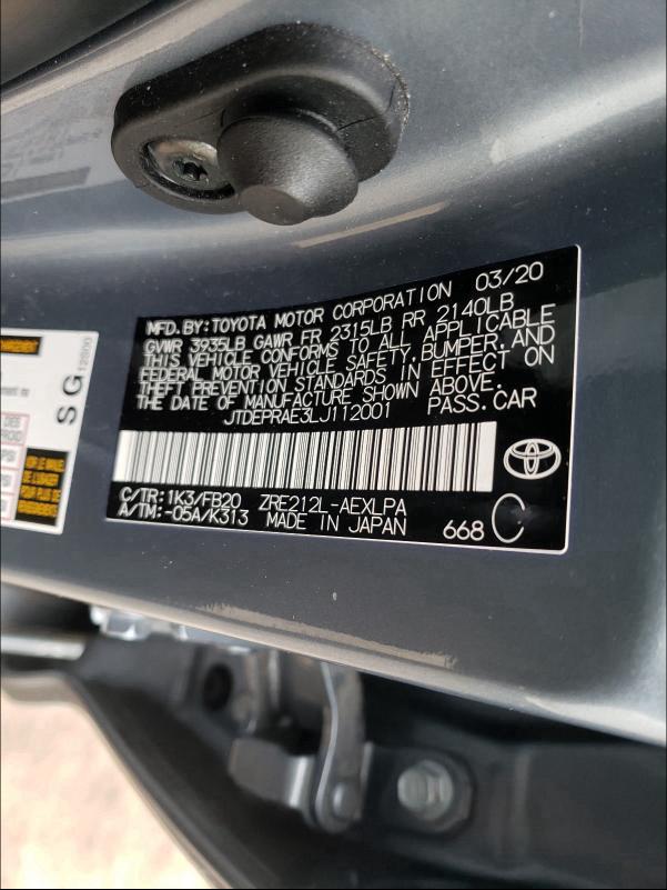 2020 TOYOTA COROLLA LE JTDEPRAE3LJ112001