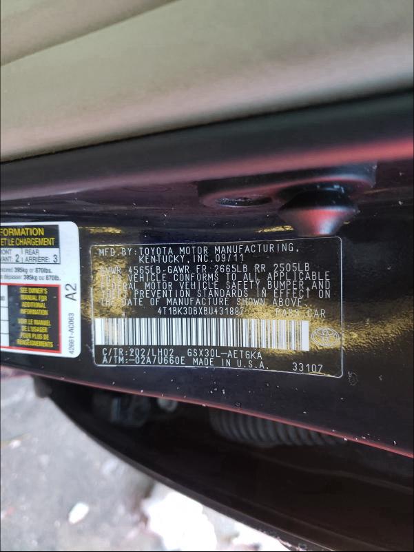 2011 TOYOTA AVALON BAS 4T1BK3DBXBU431887