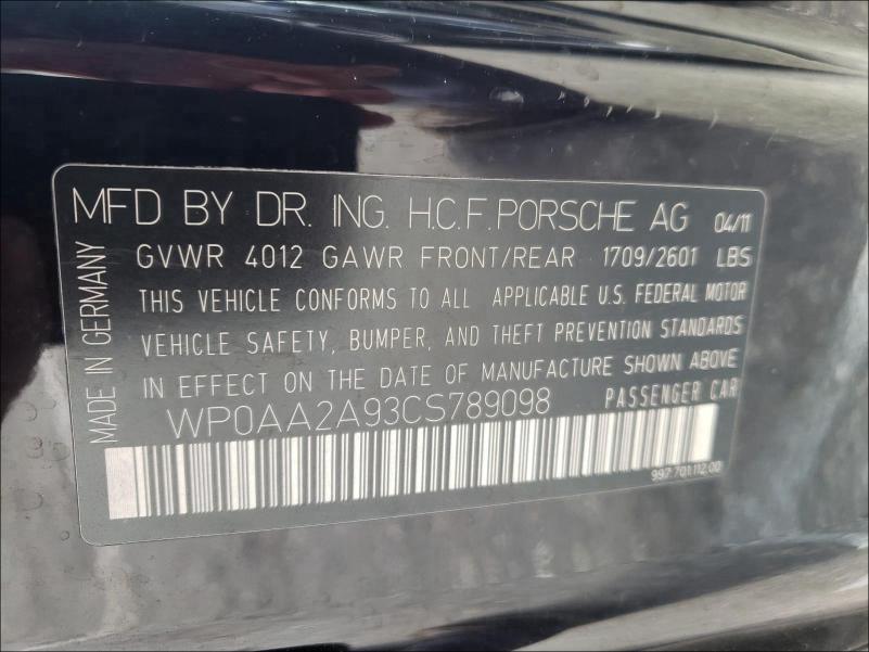 2012 PORSCHE 911 CARRER WP0AA2A93CS789098