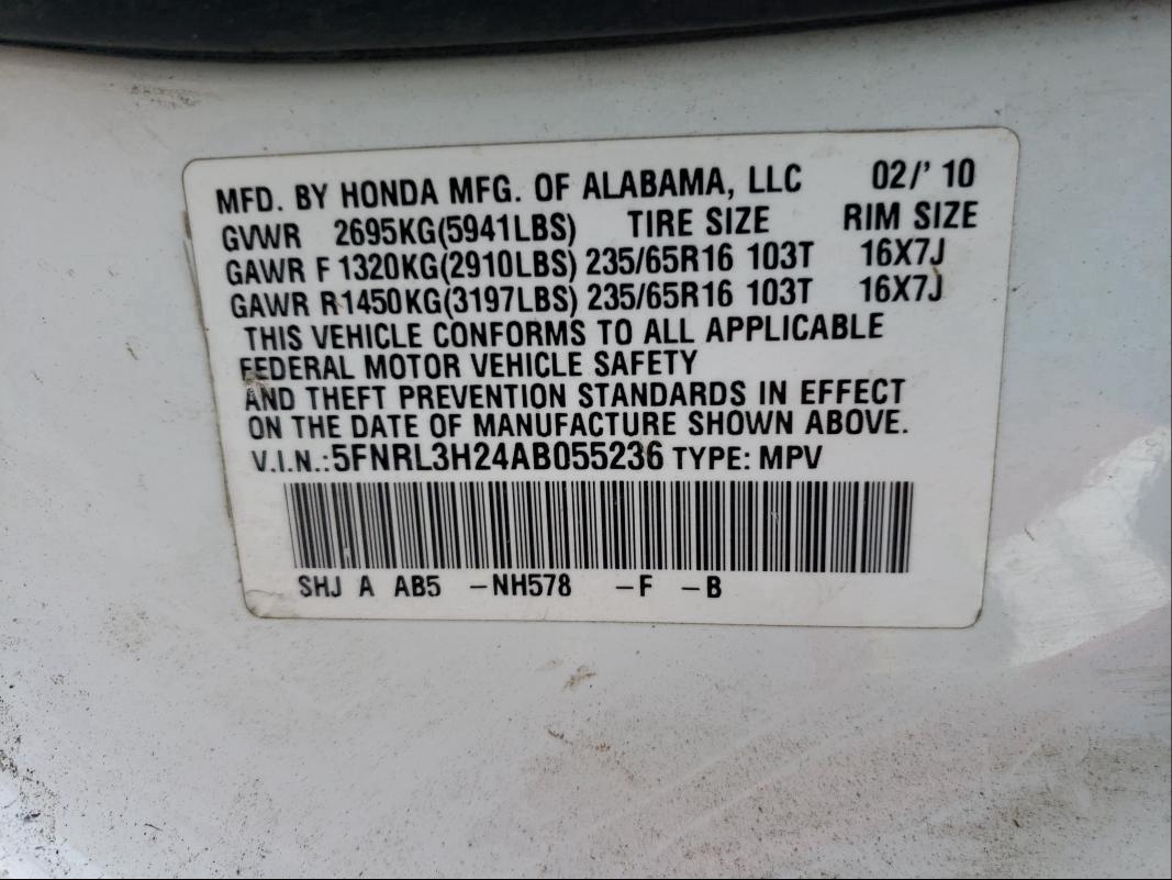 2010 HONDA ODYSSEY 5FNRL3H24AB055236