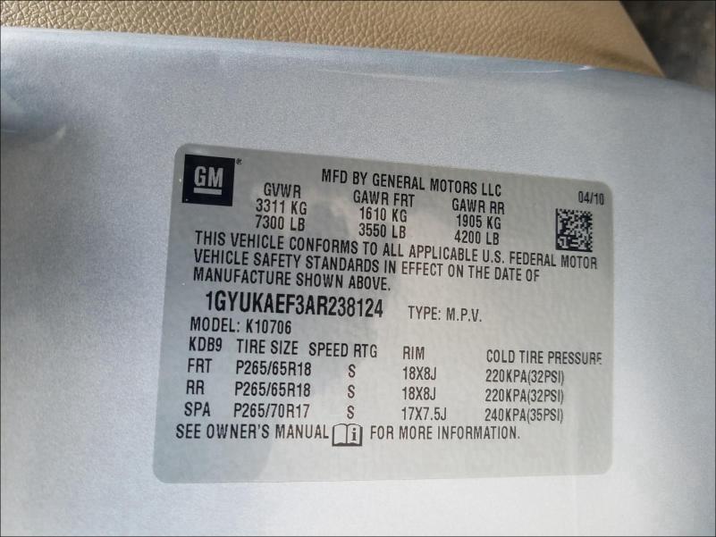 2010 CADILLAC ESCALADE 1GYUKAEF3AR238124