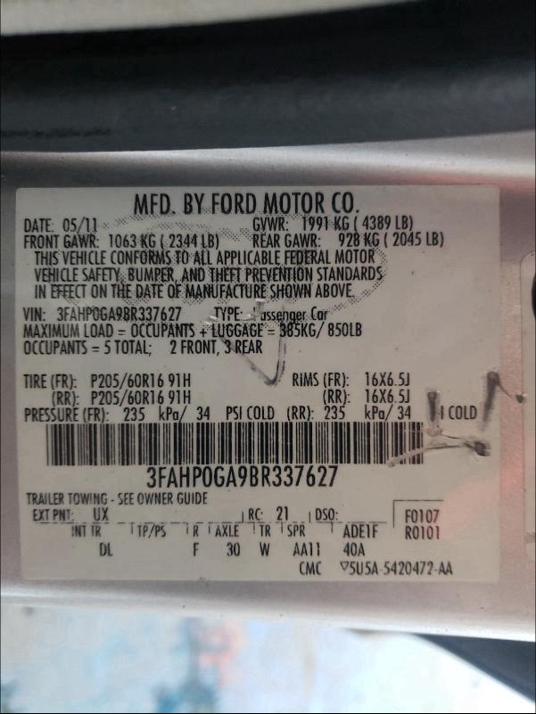2011 FORD FUSION S 3FAHP0GA9BR337627