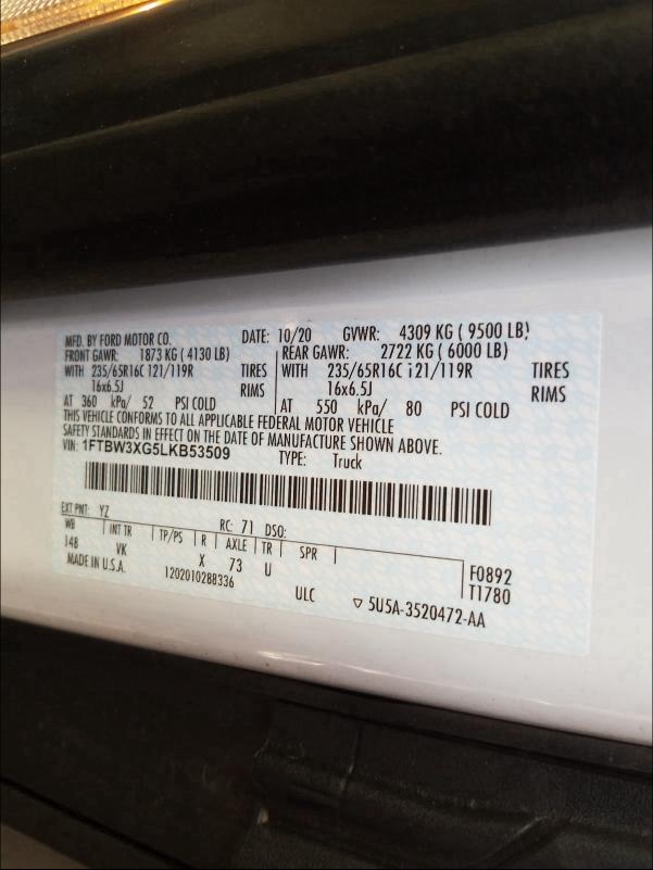 2020 FORD TRANSIT T- - 1FTBW3XG5LKB53509