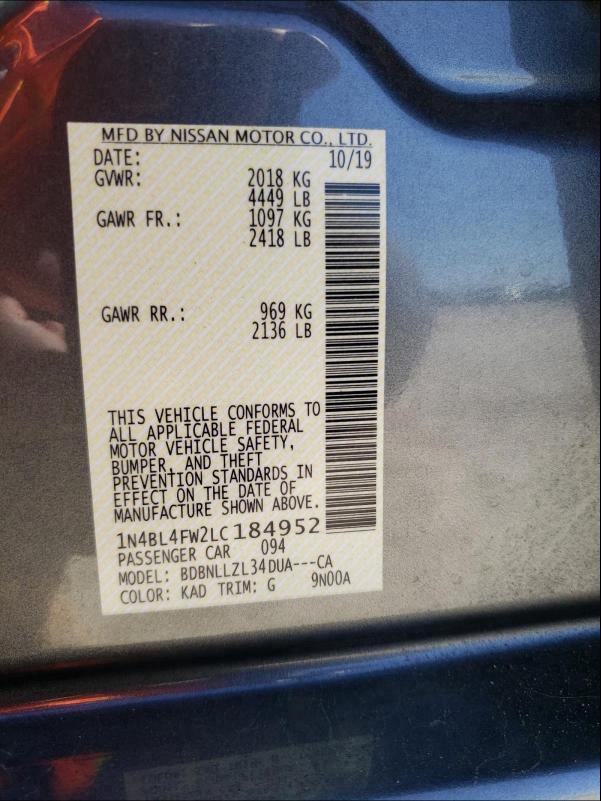 2020 NISSAN ALTIMA PLA 1N4BL4FW2LC184952