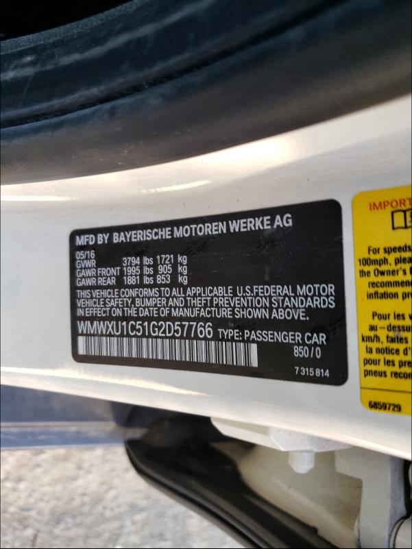2016 MINI COOPER WMWXU1C51G2D57766