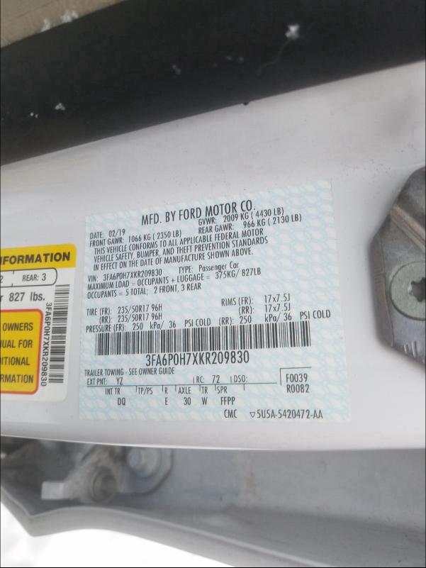 2019 FORD FUSION SE 3FA6P0H7XKR209830