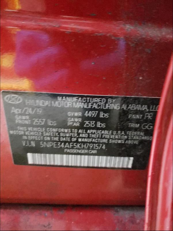 2019 HYUNDAI SONATA LIM 5NPE34AF5KH791574