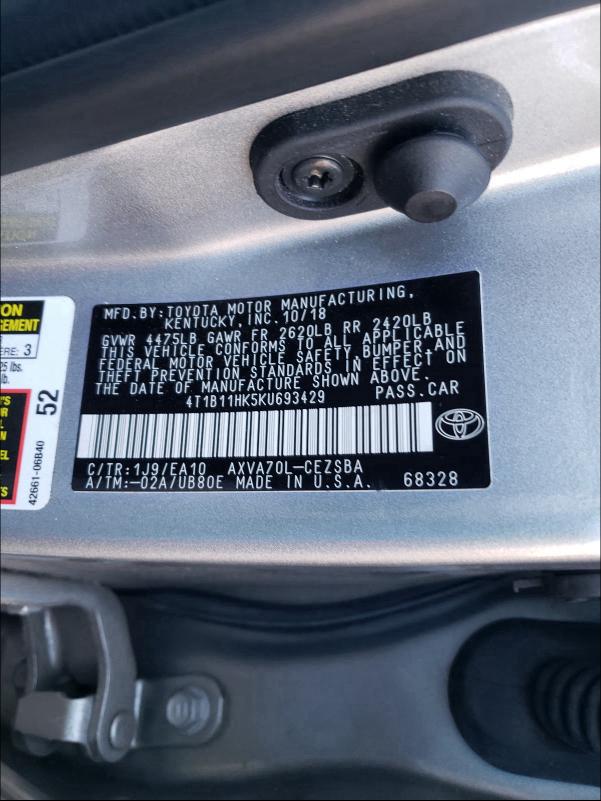 2019 TOYOTA CAMRY L - 4T1B11HK5KU693429
