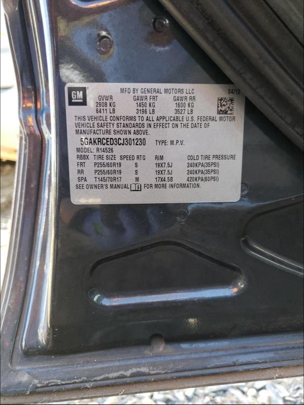 2012 BUICK ENCLAVE 5GAKRCED3CJ301230