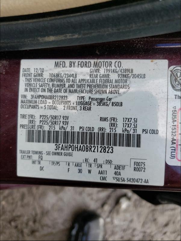 2011 FORD FUSION SE 3FAHP0HA0BR212823