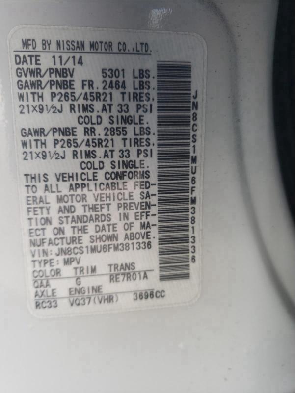 2015 INFINITI QX70 JN8CS1MU6FM381336