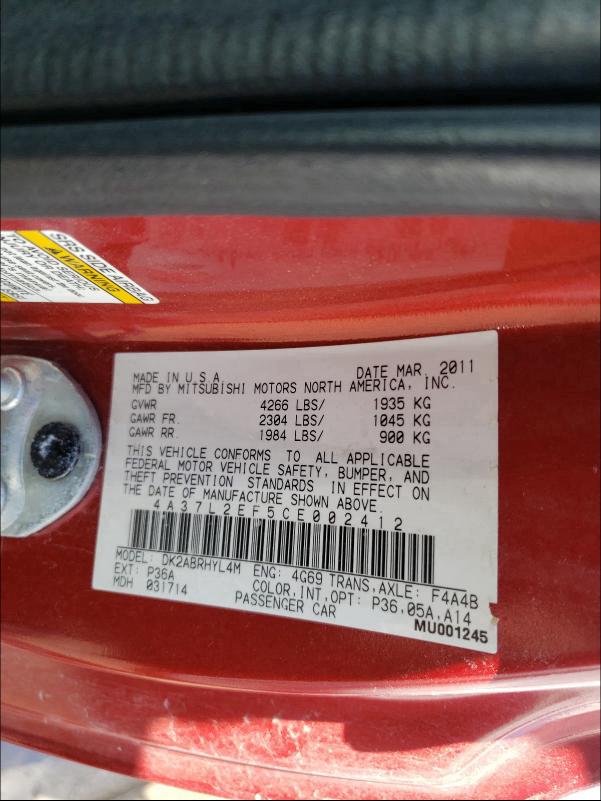 2012 MITSUBISHI ECLIPSE SP 4A37L2EF5CE002412