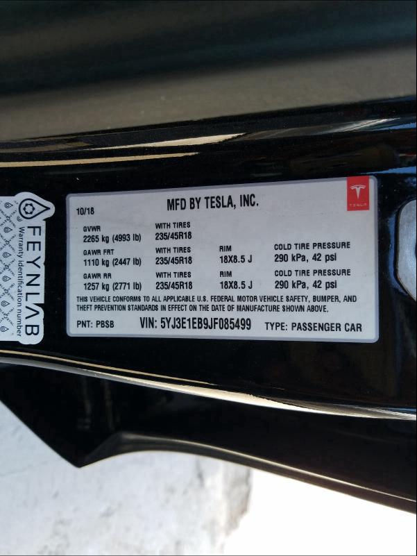 2018 TESLA MODEL 3 5YJ3E1EB9JF085499