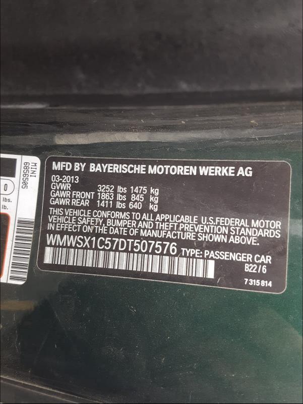 2013 MINI COOPER COU WMWSX1C57DT507576
