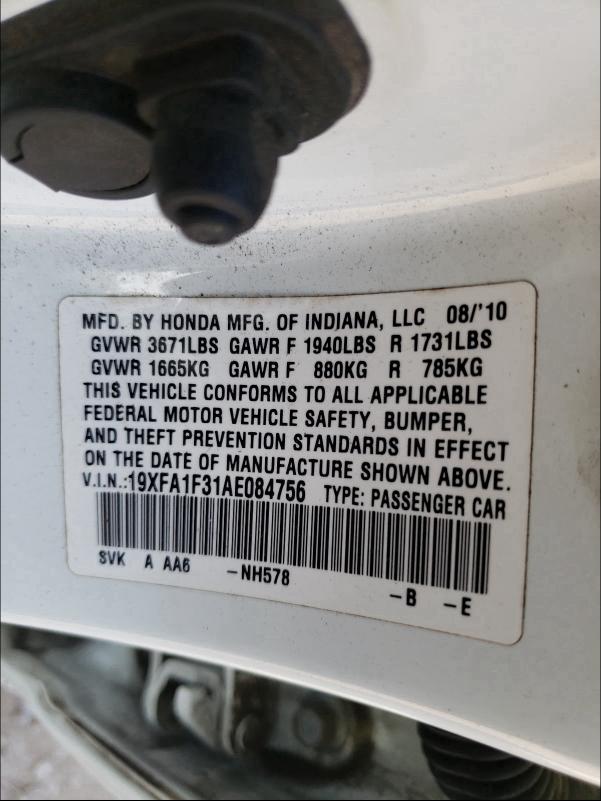 2010 HONDA CIVIC VP 19XFA1F31AE084756