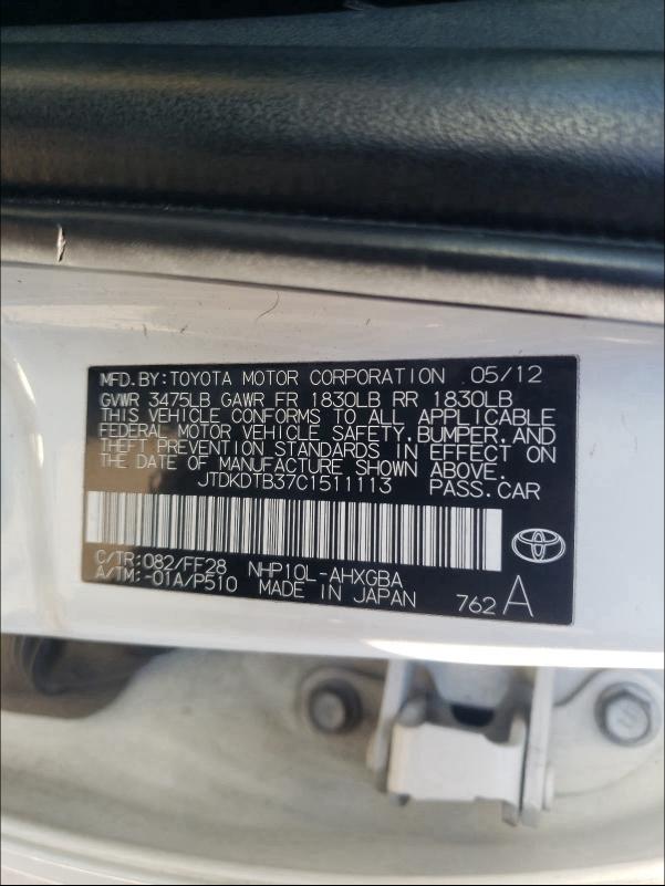 2012 TOYOTA PRIUS C JTDKDTB37C1511113