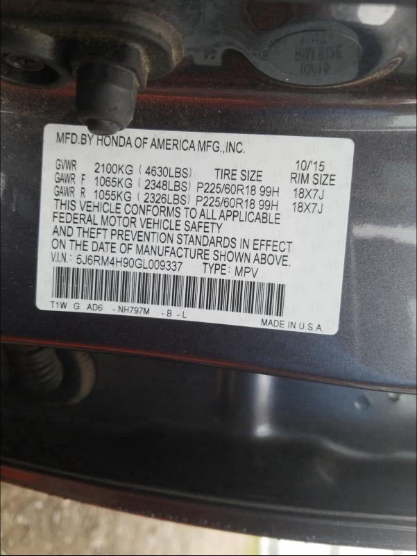 2016 HONDA CR-V TOURI - 5J6RM4H90GL009337